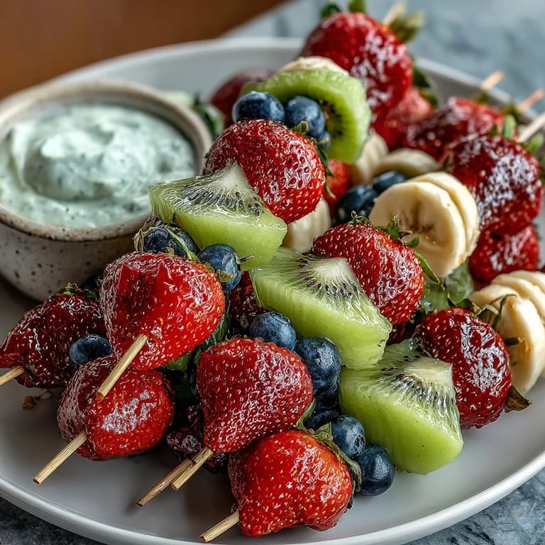 Vibrant fruit skewers, creamy yogurt dip, and kid-friendly sandwich bites arranged in a playful bento box for a nutritious, fun school lunch idea.  
