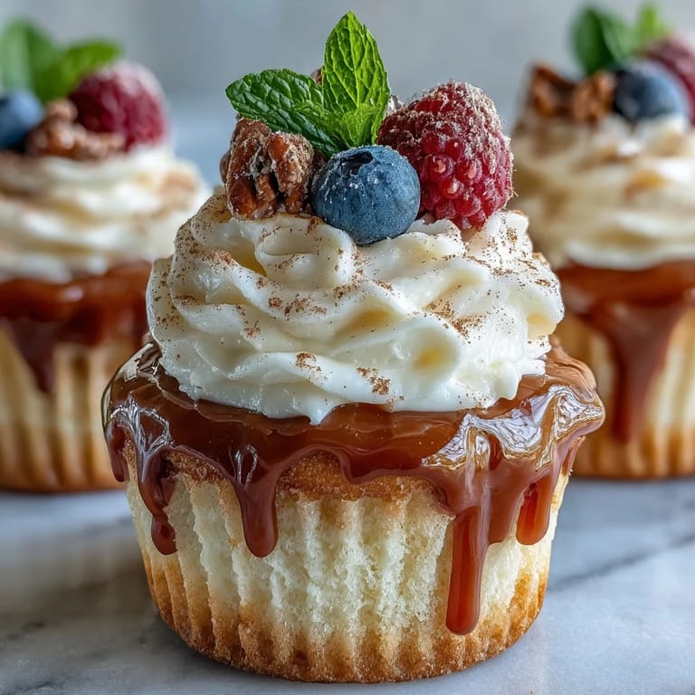 Sweet and creamy tres leches cupcakes topped with whipped cream, garnished with cinnamon and berries.