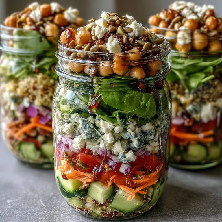 Bright and nutritious mason jar salads featuring grilled chicken, leafy greens, and crunchy seeds for easy grab-and-go lunches.
