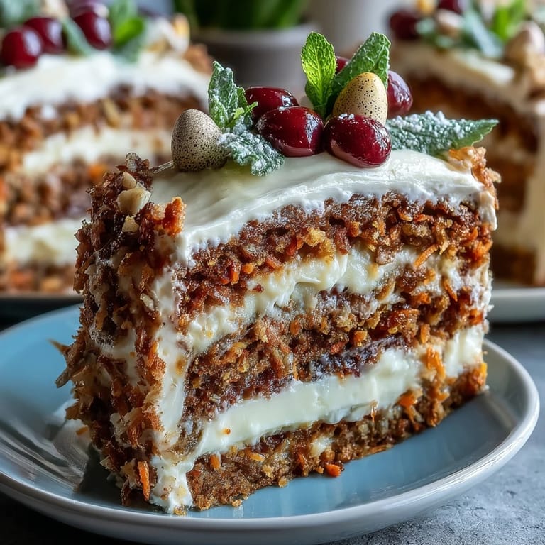 Elegant trio of classic Easter sweets: moist carrot cake, airy pavlova with fresh berries, and tangy lemon tart.