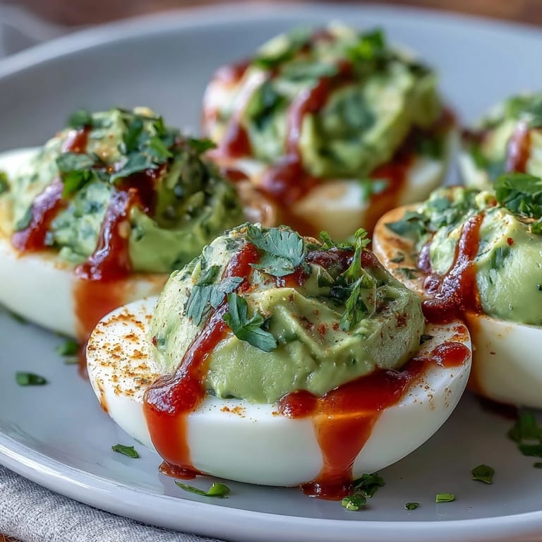 Healthy avocado deviled eggs topped with zesty Sriracha sauce, perfect for colorful appetizers or nutritious snacks.