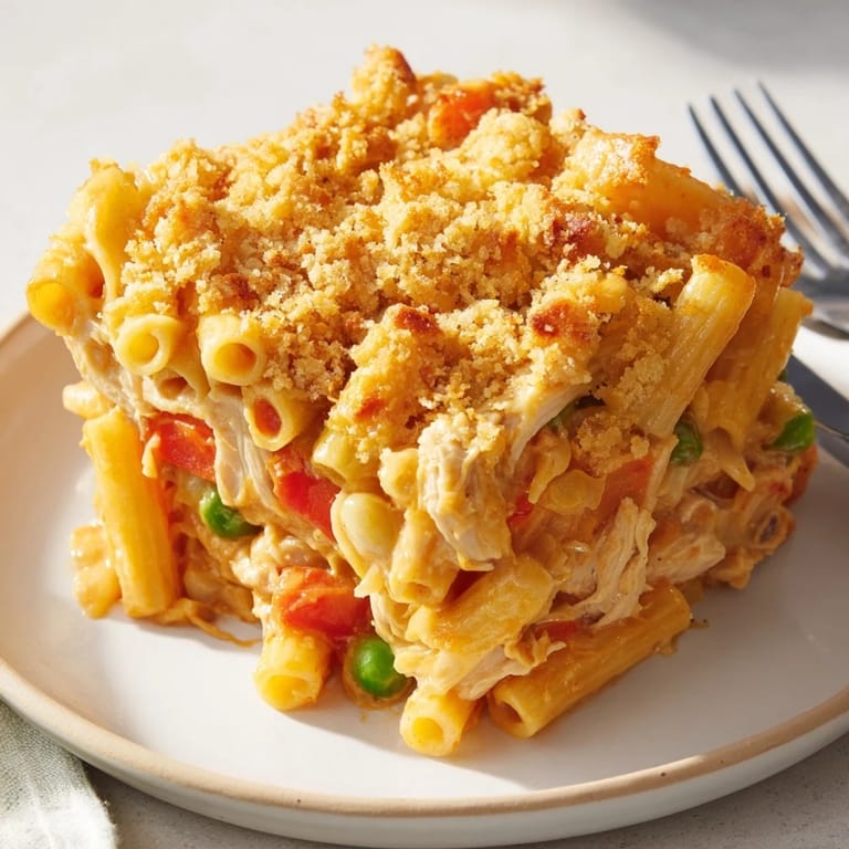 A comforting dish of Japanese curry pasta bake, golden and bubbling from the oven.  