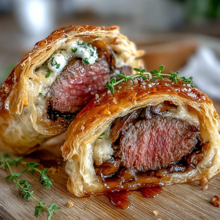 Individual beef Wellingtons featuring seared filet mignon, mushroom duxelles, and prosciutto, encased in flaky, golden puff pastry.