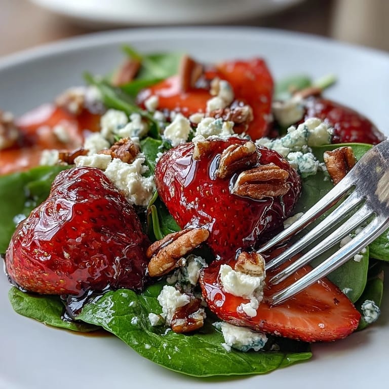 Bright spring salad featuring ripe strawberries, tender baby spinach, red onion, and crunchy nuts, topped with crumbled goat cheese and balsamic dressing.