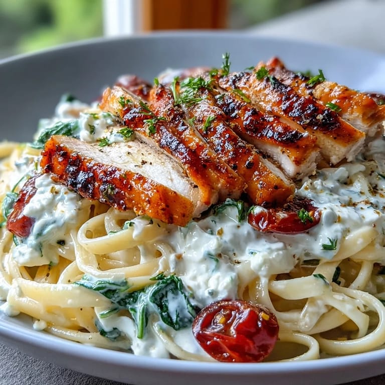 Savory pasta bowl featuring tender grilled chicken, protein-rich cottage cheese, and vibrant spinach for a satisfying, balanced meal.