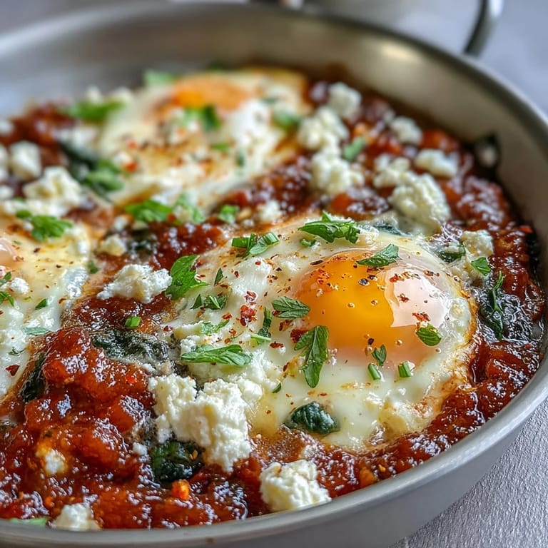 Vibrant vegetarian shakshuka featuring tender eggs nestled in a rich, smoky tomato and spinach base, garnished with crumbled feta cheese.
