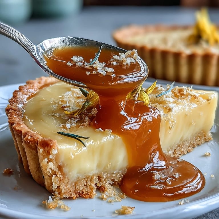 Silky lemon curd in a crisp tart shell, garnished with vibrant edible flowers for an elegant spring treat.  