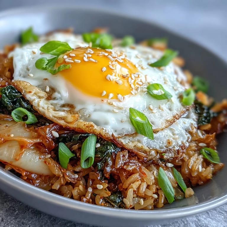 Savory fried rice loaded with tangy kimchi, fresh napa cabbage, and a golden runny egg on top.