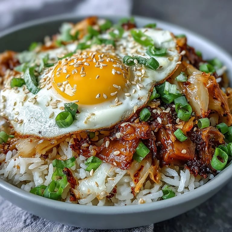Aromatic kimchi fried rice featuring tender cabbage, green onions, and a perfectly fried egg for a hearty meal.