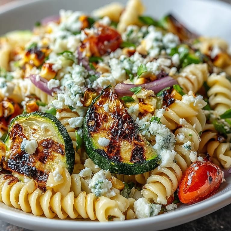 Fresh Pasta Salad featuring grilled zucchini, corn, and zesty lime dressing.
