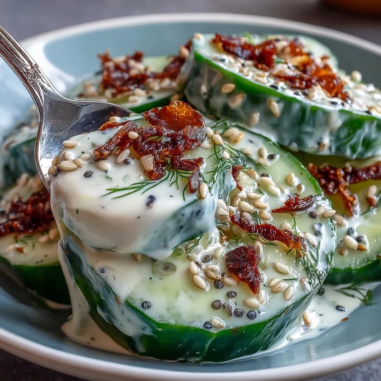 Cool, crunchy slices of TikTok Cucumber Salad topped with everything bagel seasoning.