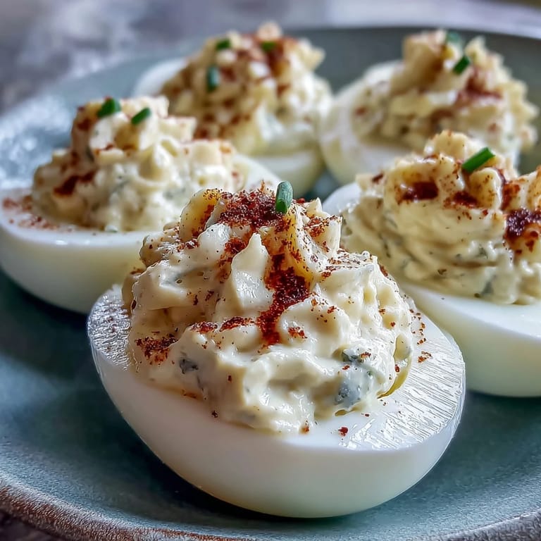 Deviled eggs with sweet pickle relish, a zesty appetizer for any gathering.