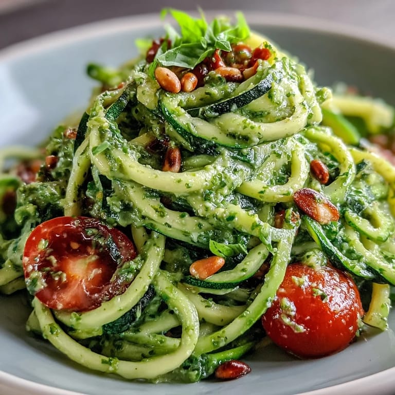 Freshly made Zucchini Noodles with Avocado Pesto, tossed with bright basil and lemon.