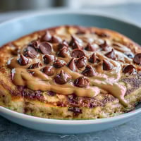 Freshly baked Peanut Butter Cup Protein Pancake Bowl topped with melted chocolate chips and a smooth peanut butter drizzle.