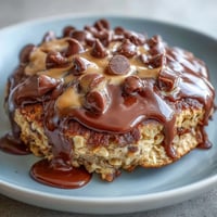 Freshly baked Peanut Butter Cup Protein Pancake Bowl with melted chocolate chips and a warm, creamy peanut drizzle for a decadent breakfast treat.