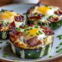 Keto bacon and egg zucchini nests with crispy edges and runny yolks, a low-carb breakfast delight.