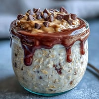 A jar of creamy overnight oats layered with peanut butter and mini chocolate chips, perfect for a quick and healthy breakfast.
