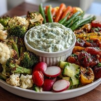 Little Sprout Veggie Platter with Green Goddess Dip: colorful array of fresh vegetables served with creamy, herb-infused dip on a rustic wooden board.  