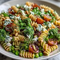 Vibrant Spring Garden Pasta Salad with broccoli and peas in a zesty lemon-herb dressing, perfect for a fresh and healthy lunch.