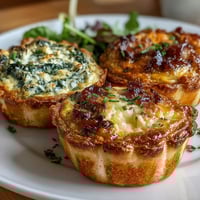 A trio of bite-sized mini quiches with spinach, mushroom, and ham fillings, perfect for spring brunches and elegant appetizers.  
