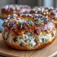 Soft, chewy protein bagels bursting with birthday cake flavor and rainbow sprinkles for a festive breakfast treat.