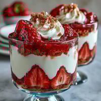 Layered strawberry shortcake trifle in mason jars with fresh strawberries, whipped cream, and golden shortcake cubes.