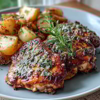 Golden roasted chicken and potatoes, infused with lemon and fresh herbs, presented on a rustic wooden board.  