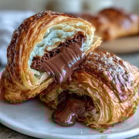 Flaky sourdough croissants filled with dark chocolate, golden and crisp on the outside, tender and buttery inside.  