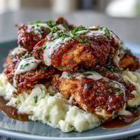 Slow Cooker Mississippi Chicken with Garlic Mashed Potatoes—tender shredded chicken slow-cooked with zesty ranch, au jus, and pepperoncini, served over creamy garlic mashed potatoes.