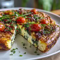 Fluffy spring frittata with asparagus and goat cheese, loaded with fresh vegetables and herbs for a vibrant brunch dish.
