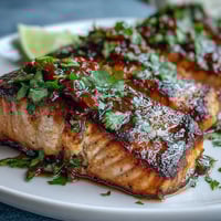 Grilled Salmon with Strawberry Salsa served on a white plate, juicy fillets topped with bright red salsa and fresh herbs.