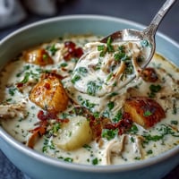 Slow Cooker Chicken Pot Pie Soup with tender chicken and hearty vegetables in a creamy broth, served in a rustic bowl with a flaky biscuit on the side.