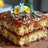 Moist lemon drizzle cake with edible flowers, a tangy citrus dessert perfect for Mothers Day celebrations and springtime gatherings.
