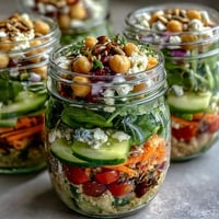 A vibrant collection of layered mason jar salads filled with fresh greens, quinoa, and colorful vegetables.  
