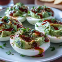 Creamy avocado deviled eggs with a spicy Sriracha drizzle, garnished with fresh cilantro for a vibrant party appetizer.  
