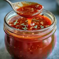 Fiery fermented hot sauce with vibrant red chilies, garlic, and carrot in a glass jar, ready to elevate tacos and eggs.