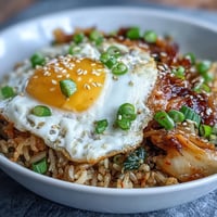 Spicy kimchi cabbage fried rice with crispy egg, vibrant vegetables, and sesame seeds in a steaming bowl.
