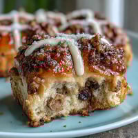 Homemade Hot Cross Buns with golden raisins and a sweet glaze, freshly baked and ready for Easter brunch.  