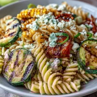 Vibrant Pasta Salad with Grilled Zucchini, Corn, and Cotija, perfect summer side.