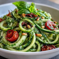 Vibrant Zucchini Noodles with Avocado Pesto, a creamy green, healthy Mediterranean delight.