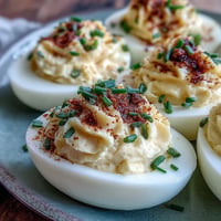 Creamy sweet pickle relish deviled eggs, garnished with paprika and chives.